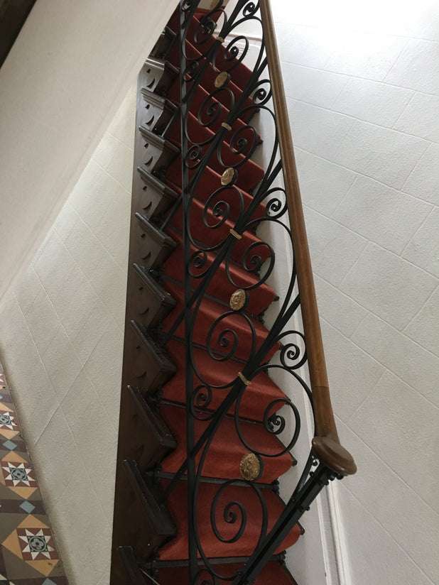 Antique Ornate Hand Made Wrought Iron Banister With Oak Handrail