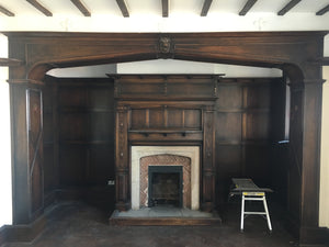 RECLAIMED ANTIQUE OAK ARCHWAY,PANELLING AND FIREPLACE CARVED LIONS HEAD CENTRE PIECE