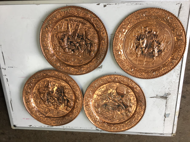 Vintage Copper Wall Plates Embossed Picture Set of 4