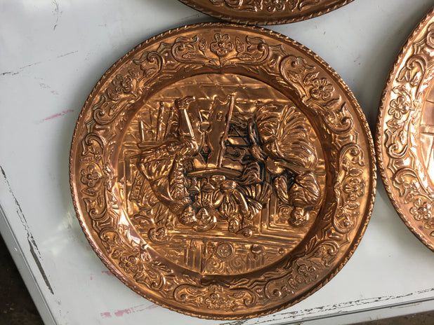 Vintage Copper Wall Plates Embossed Picture Set of 4
