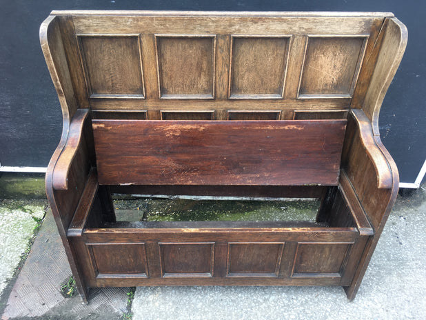 Antique Oak Settle Hall Seat Monks Bench Needs Restoration